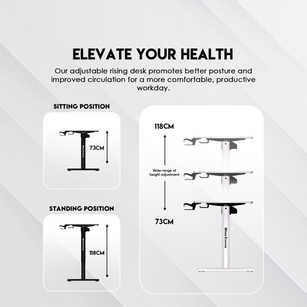 Adjustable rising desk with height measurements on a white background