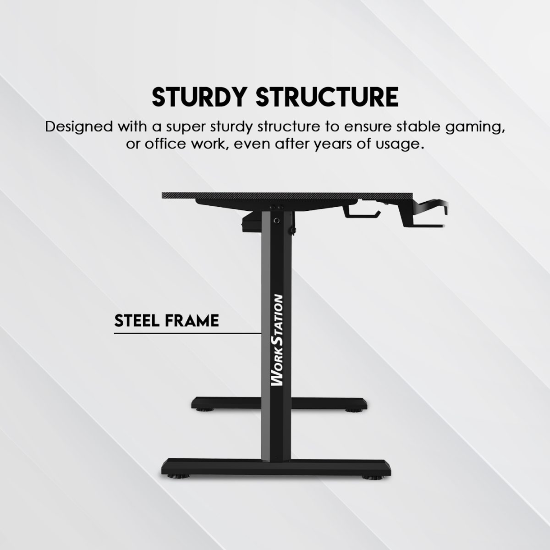 Black adjustable desk with text highlighting its sturdy structure and steel frame on a white background.