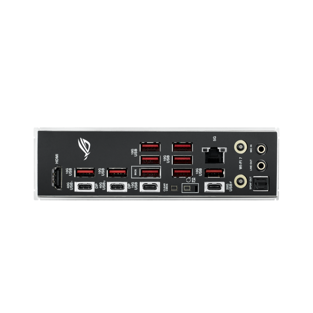 Back panel of a computer hardware device with various ports on a white background
