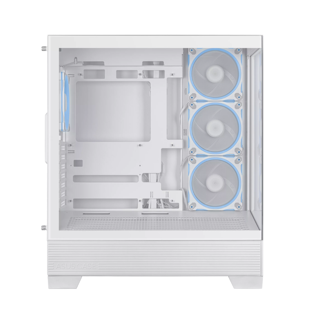 White computer case with three large fans on a white background