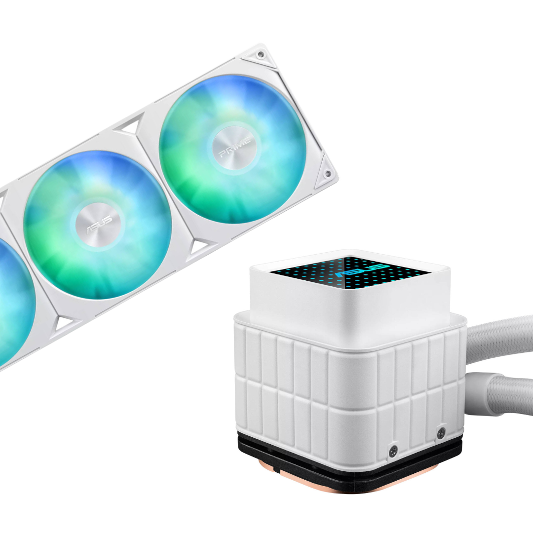 Computer cooling system with three RGB fans on a white background