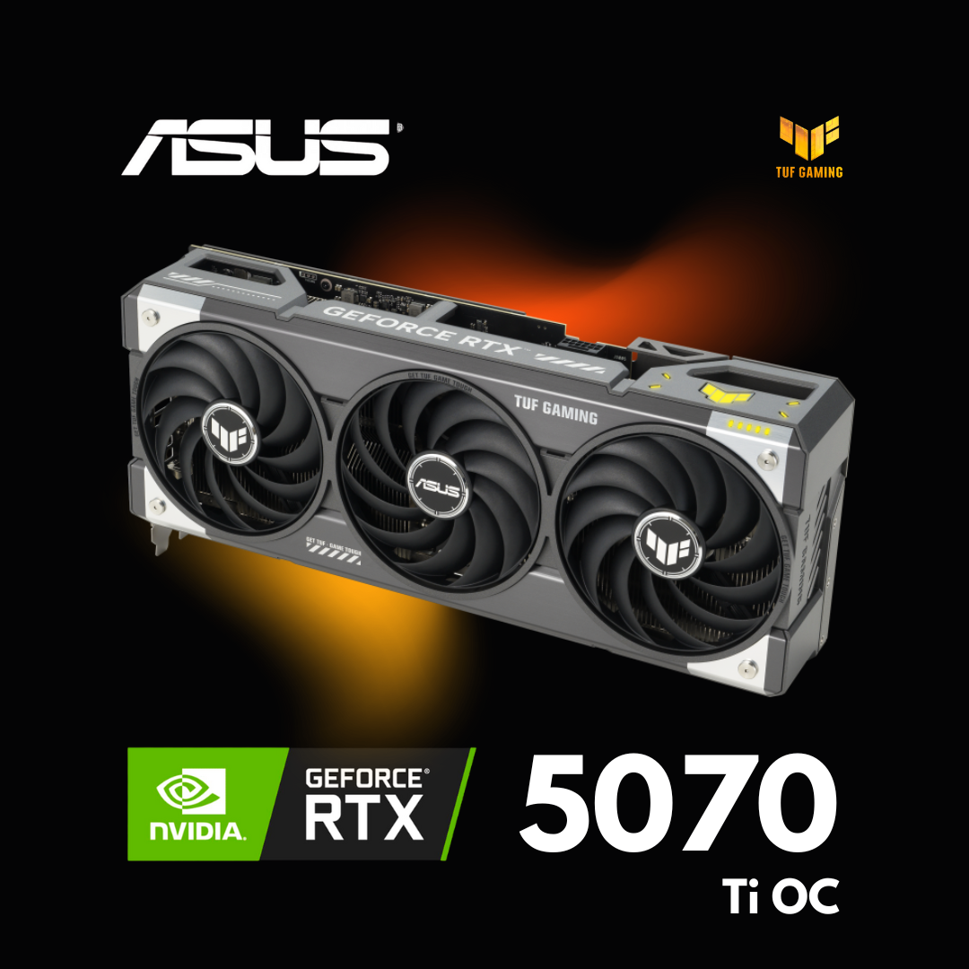 Asus GeForce RTX 5070 Ti OC graphics card with NVIDIA logo on a black background