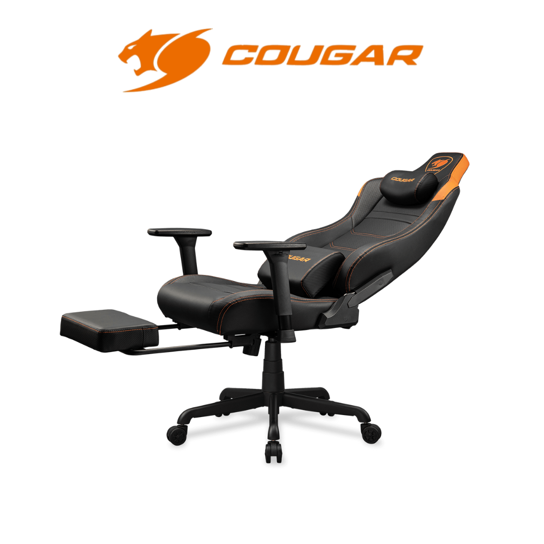 Black and orange gaming chair with Cougar logo on a white background