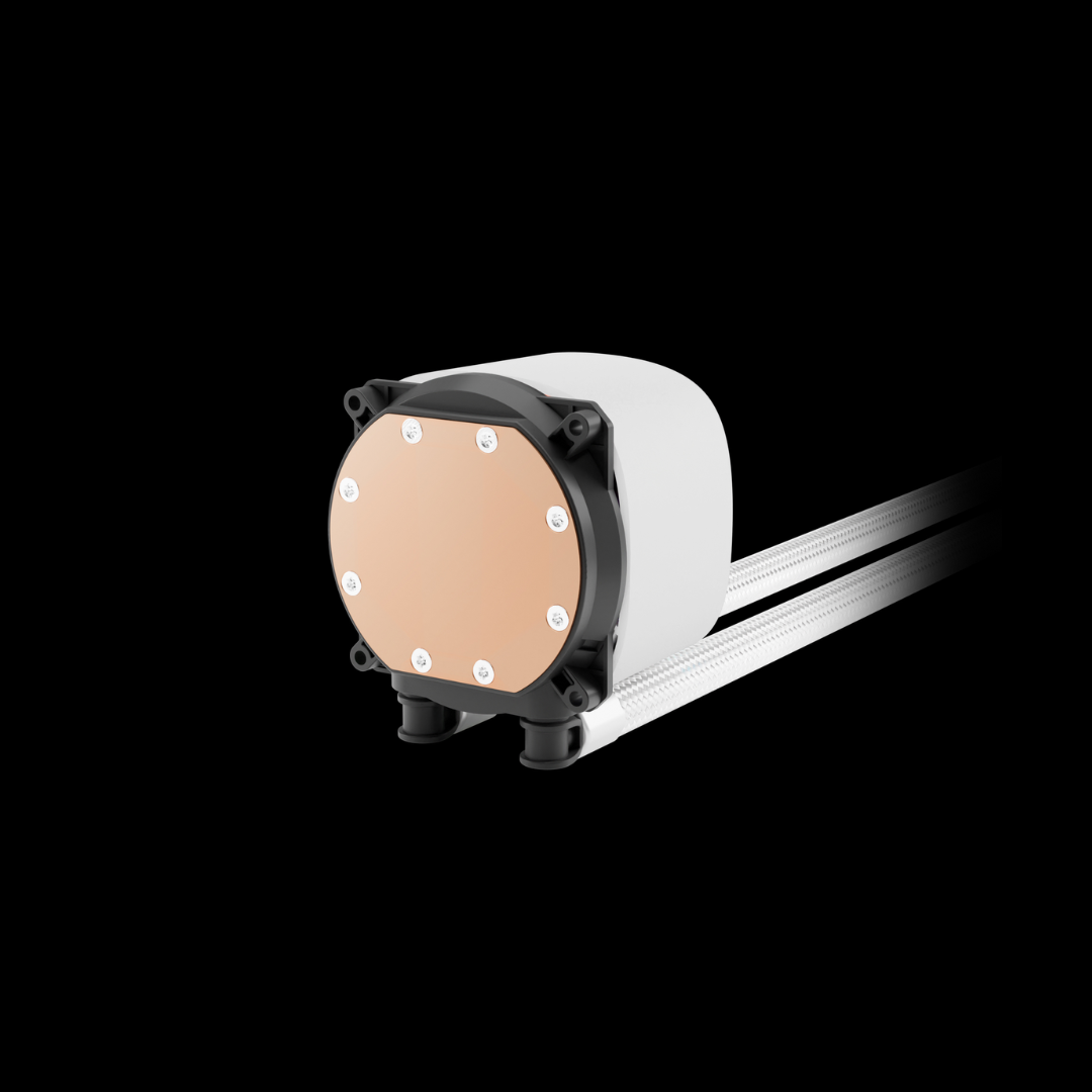 Technical component with metallic and white design on a black background