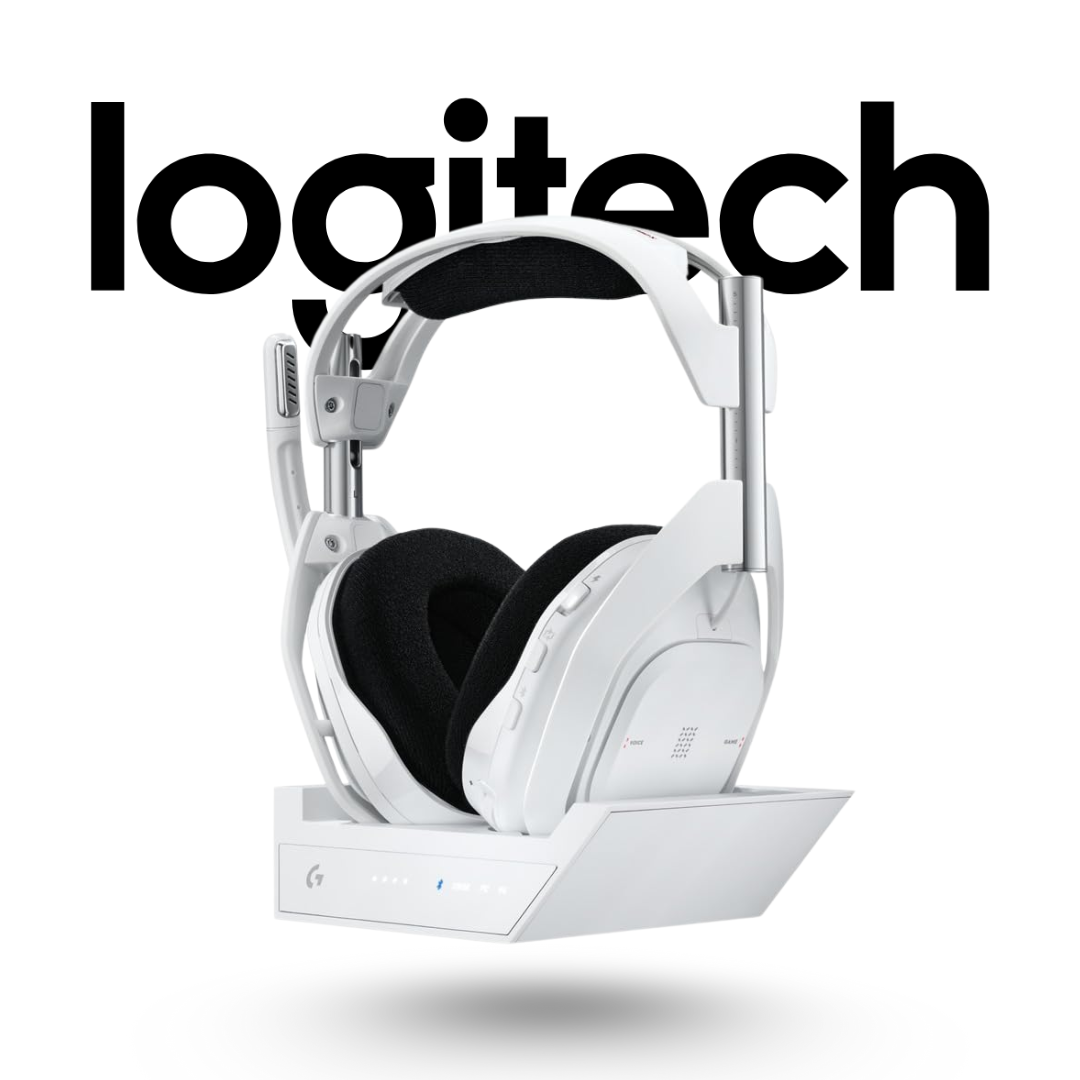 White gaming headset with Logitech logo on a white background