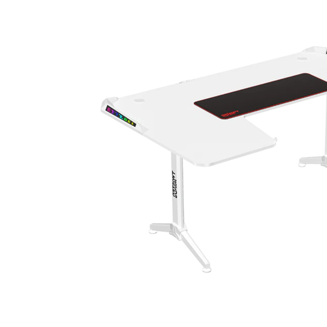 Twisted Minds WARRIOR L-shaped gaming desk RGB with carbon fiber surface and cable management – white left-side setup