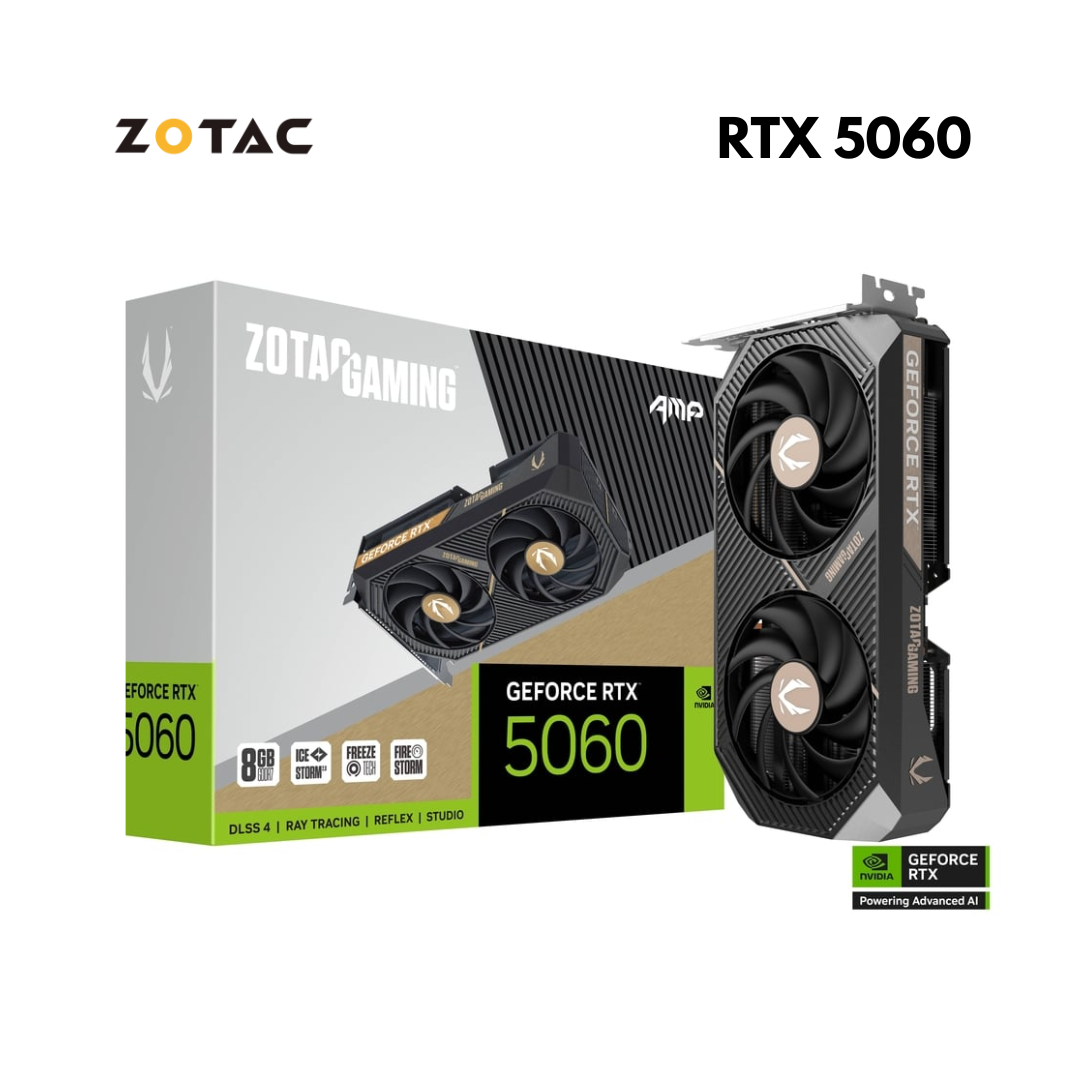 ZOTAC RTX 5060 AMP Edition 8GB graphics card with dual-fan IceStorm 2.0 cooling, DLSS 3, and ray tracing support.