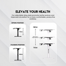 Adjustable rising desk with height measurements on a white background