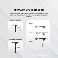 Adjustable rising desk with height measurements on a white background