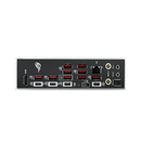 Back panel of a computer hardware device with various ports on a white background