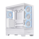 White computer case with blue LED lights on a white background