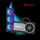 Computer graphics card with RGB cooling system on a black background, featuring ASUS Republic of Gamers logo.