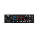 Computer motherboard with various ports on a white background