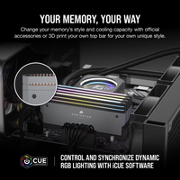 Computer hardware with RGB lighting and text about customizable memory and cooling capacity.