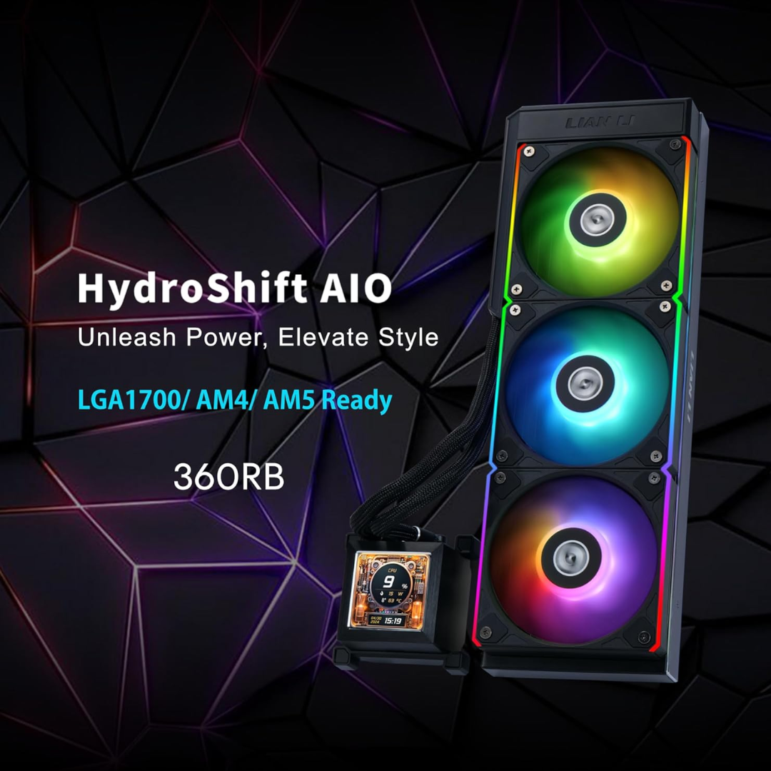 Lian Li Hydroshift 360 AIO - Pre-installed 3 x ARGB fans - Side-Mounted Coolant Pathway - 2.88” LCD Screen - 480 × 480 Resolution - Captured Screenshots or Recorded Videos - Black