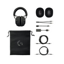 Black gaming headset with accessories including cables and a pouch on a white background