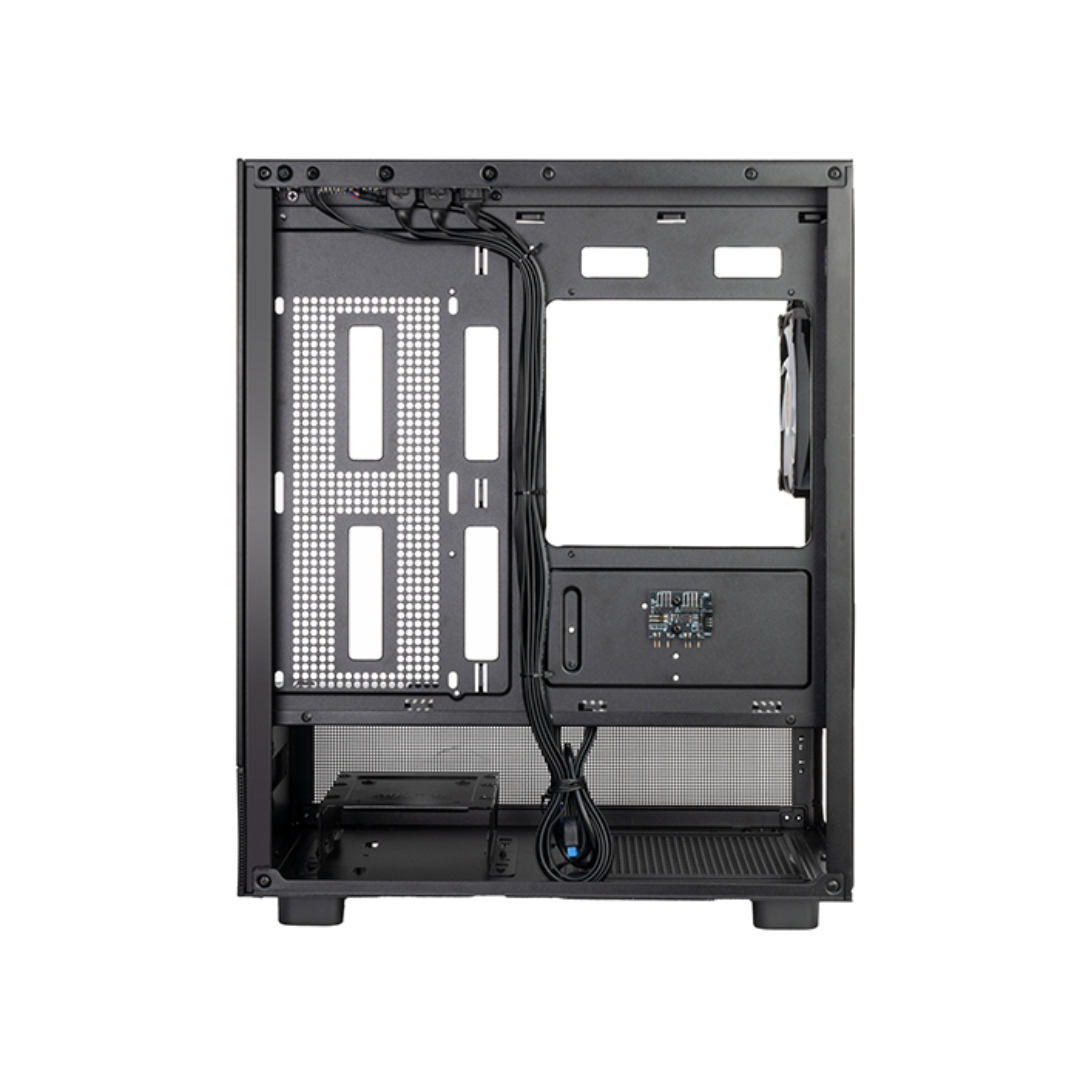Computer case with mesh side panel on a white background